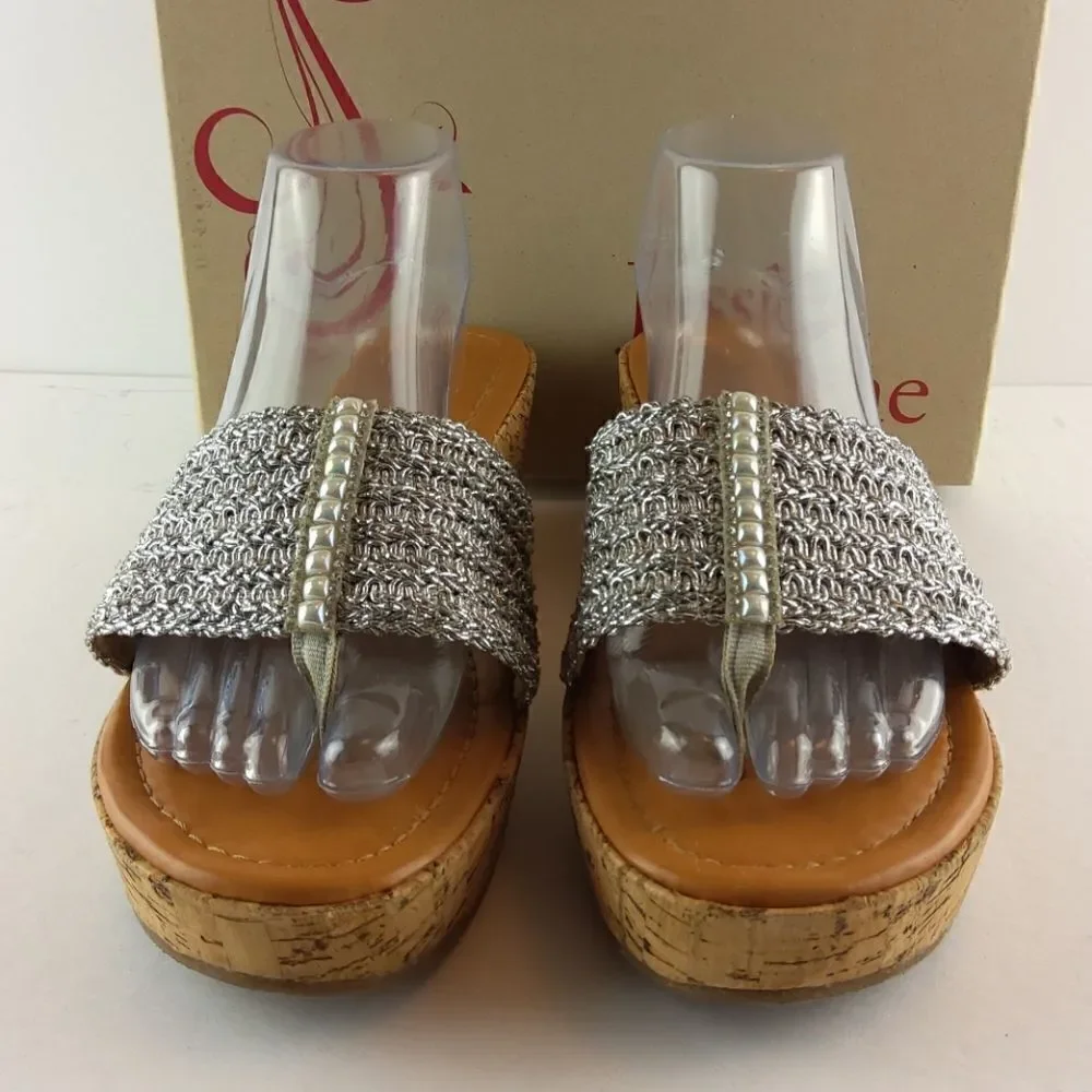 Jessica Cline Debut silver cork wedge heel slides